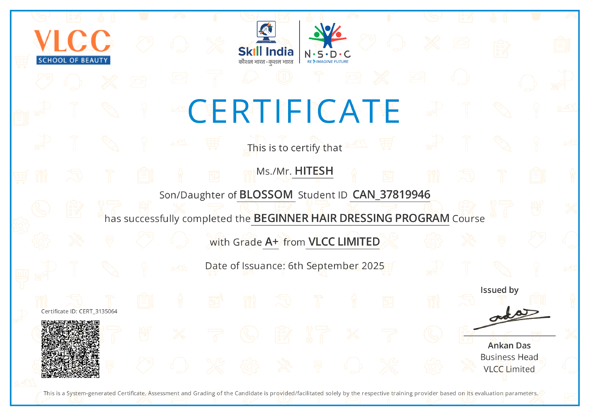 Hair dressing certification from VLCC School of Beauty